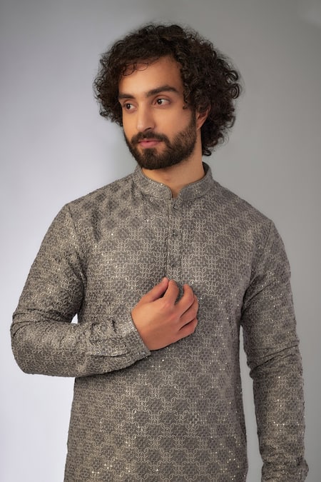 Buy_SALIL BHATIA_Green Silk, Modal, Satin Sequins, Embroidery Rooh Mahal Thread Kurta Set _Online_at_Aza_Fashions