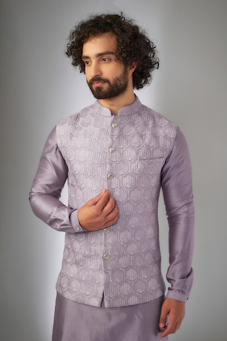 Buy_SALIL BHATIA_Purple Silk, , Bel Boota Thread Embellished Nehru Jacket Set _Online_at_Aza_Fashions