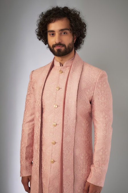 Buy_SALIL BHATIA_Pink Silk, Silk, Embroidery, Raj Mahal Thread Sherwani Set _Online_at_Aza_Fashions
