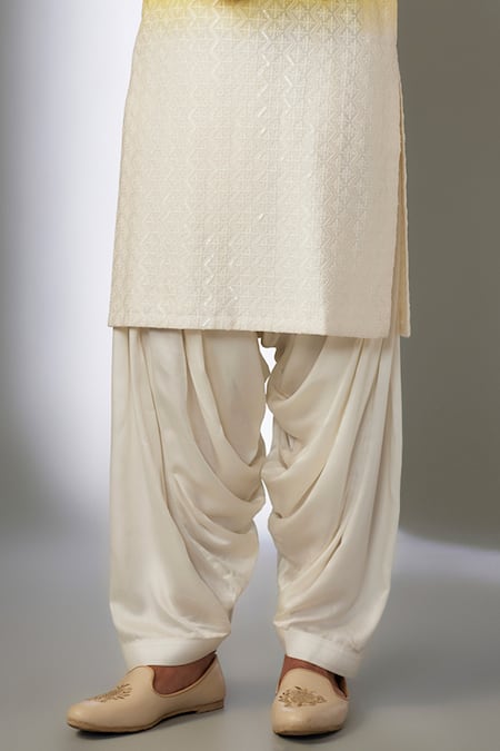 SALIL BHATIA_Yellow Silk, Modal, Satin Embroidery, Sequins Surat Mahal Thread Kurta Set _Online_at_Aza_Fashions