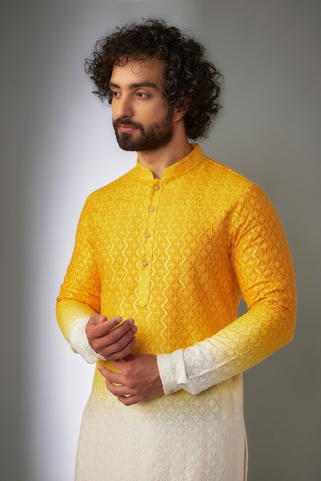 Buy_SALIL BHATIA_Yellow Silk, Modal, Satin Embroidery, Sequins Surat Mahal Thread Kurta Set _Online_at_Aza_Fashions
