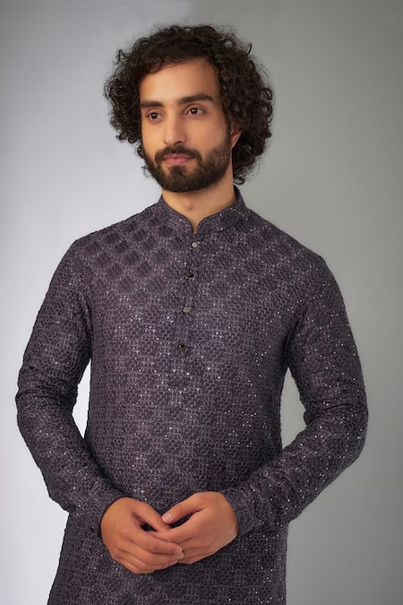 Buy_SALIL BHATIA_Purple Silk, Modal, Satin Embroidery Chakri Boota Thread Embellished Kurta Set _Online_at_Aza_Fashions