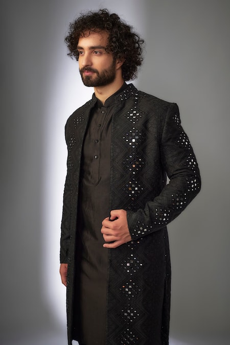 Buy_SALIL BHATIA_Black Silk, Chanderi Silk, Modal, Satin Embroidery, Mirrors Sherwani Set _Online_at_Aza_Fashions