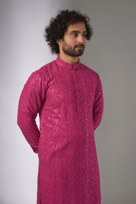 SALIL BHATIA_Pink Silk, Modal, Satin Sequins, Embroidery Roop Mahal Embellished Kurta Set _Online_at_Aza_Fashions