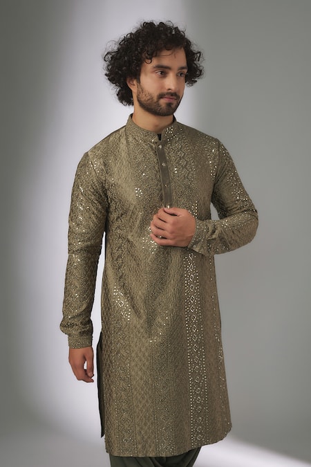 Buy_SALIL BHATIA_Green Silk, Modal, Satin Embroidery, Ainaa Mahal Thread And Work Kurta Set _Online_at_Aza_Fashions