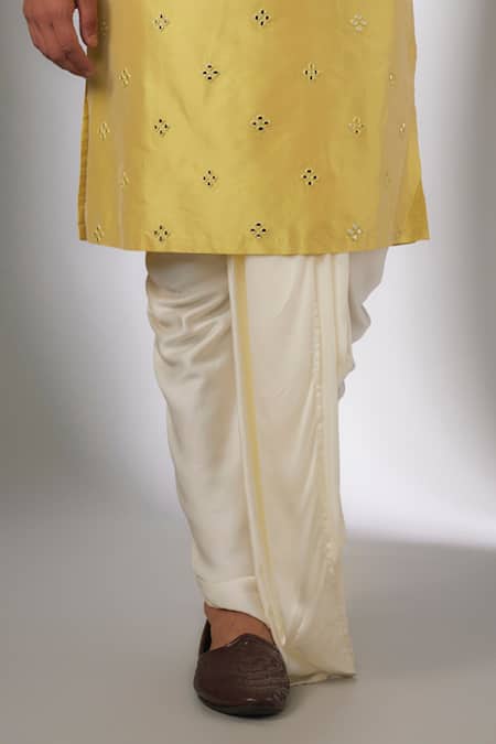 SALIL BHATIA_Yellow Silk, Modal, Satin Mirrors Ainaa Mahal Work Kurta Set _Online_at_Aza_Fashions