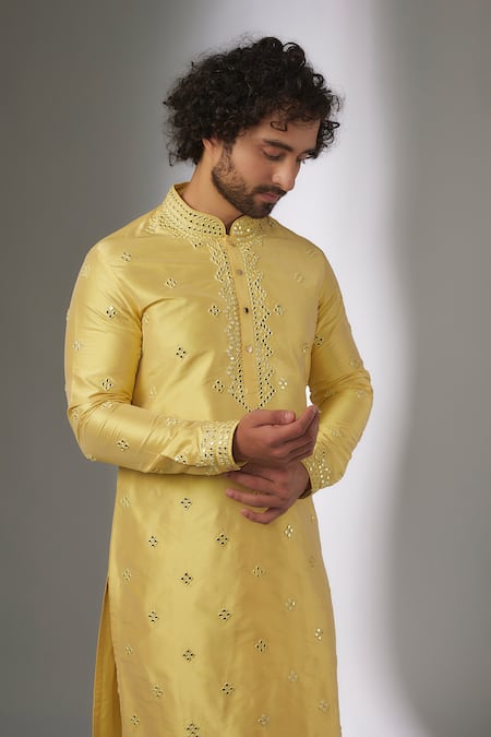 Buy_SALIL BHATIA_Yellow Silk, Modal, Satin Mirrors Ainaa Mahal Work Kurta Set _Online_at_Aza_Fashions