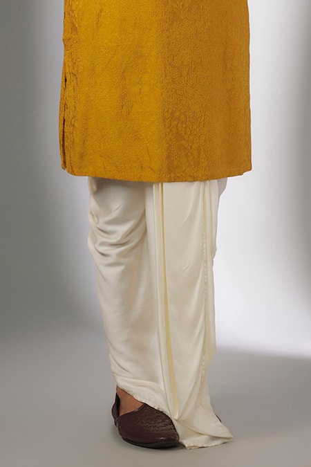 SALIL BHATIA_Yellow Silk, Modal, Satin Embroidery Draksh Mahal Thread Embellished Kurta Set _Online_at_Aza_Fashions