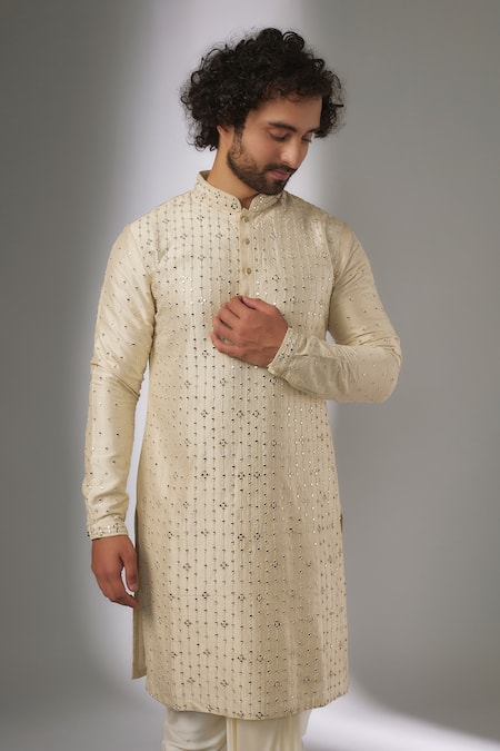 Buy_SALIL BHATIA_Ivory Silk, Modal, Satin Mirrors, Ainaa Mahal Raw Thread Work Kurta Set _Online_at_Aza_Fashions
