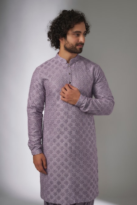 Buy_SALIL BHATIA_Purple Silk, Modal, Satin Embroidery, Sequins Rooh Mahal Embellished Kurta Set _Online_at_Aza_Fashions