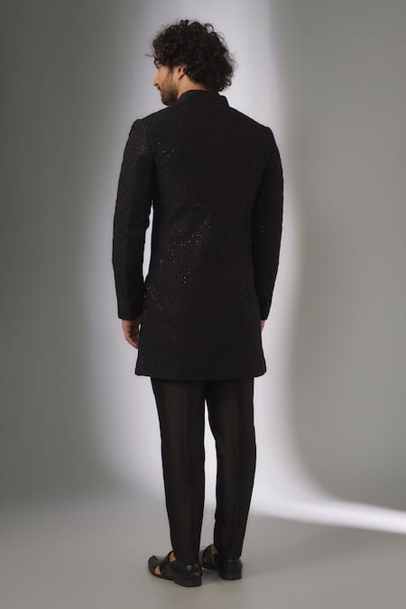SALIL BHATIA Black Dola Silk Thread Work Sherwani Set 