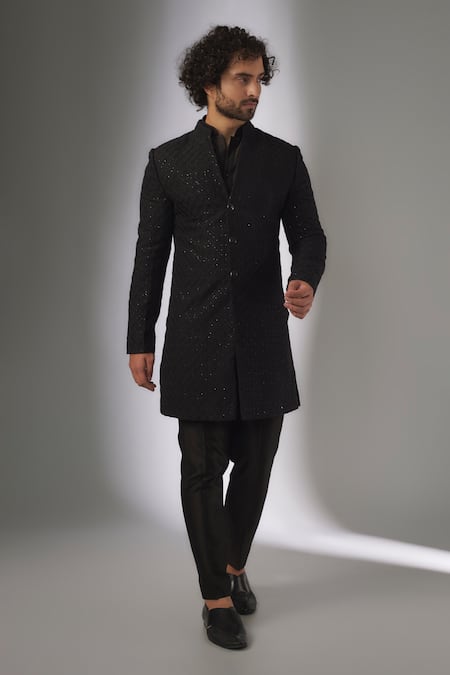 SALIL BHATIA Black Dola Silk Thread Work Sherwani Set 