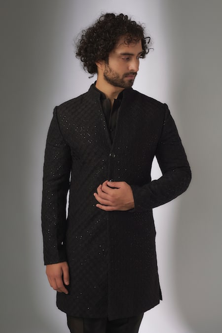 Buy_SALIL BHATIA_Black Silk, Chanderi Sequins, Embroidery, Metallic Dola Work Sherwani Set _Online_at_Aza_Fashions