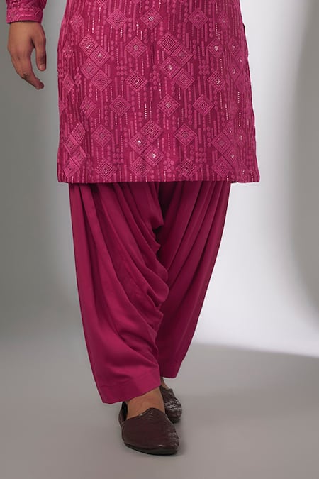 SALIL BHATIA_Pink Silk, Modal, Satin Sequins, Embroidery Amber Mahal Embellished Kurta Set _Online_at_Aza_Fashions