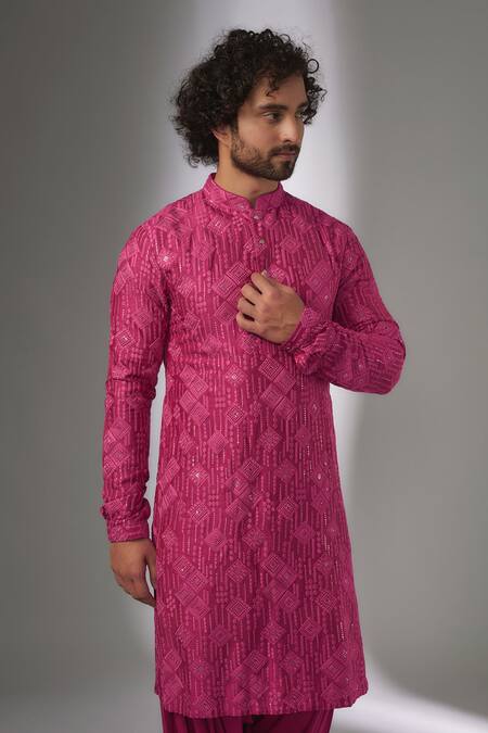Buy_SALIL BHATIA_Pink Silk, Modal, Satin Sequins, Embroidery Amber Mahal Embellished Kurta Set _Online_at_Aza_Fashions