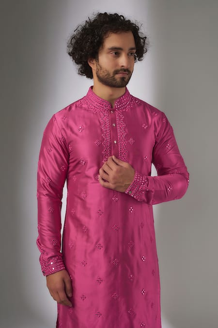 Buy_SALIL BHATIA_Pink Silk, Modal, Satin Mirrors, Embroidery Ainaa Mahal Work Kurta Set _Online_at_Aza_Fashions