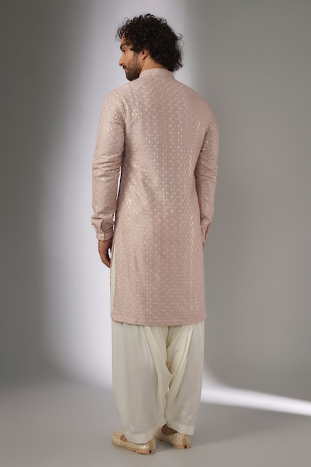 Shop_SALIL BHATIA_Pink Silk, Modal, Satin Embroidery, Sequins Surat Mahal Embellished Kurta Set _Online_at_Aza_Fashions