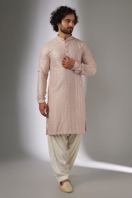 SALIL BHATIA_Pink Silk, Modal, Satin Embroidery, Sequins Surat Mahal Embellished Kurta Set _at_Aza_Fashions
