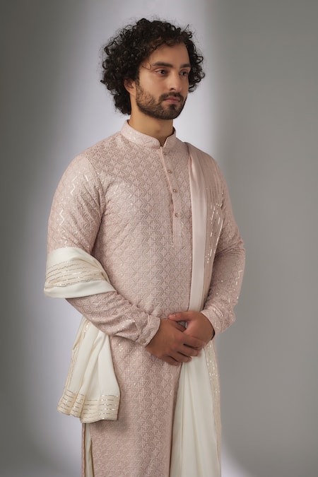 Buy_SALIL BHATIA_Pink Silk, Modal, Satin Embroidery, Sequins Surat Mahal Embellished Kurta Set 