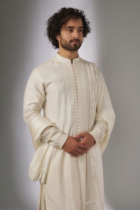 SALIL BHATIA_Off White Chanderi , Modal, Embroidery Somya Mahal Threadwork Kurta Set _at_Aza_Fashions