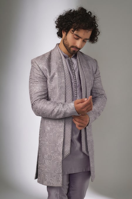 SALIL BHATIA_Mauve Silk, Silk, Embroidery, Sequins Embellished Sherwani Set _Online_at_Aza_Fashions