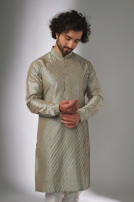 SALIL BHATIA_Green Silk Embroidery Pure Thread Kurta Set _Online_at_Aza_Fashions