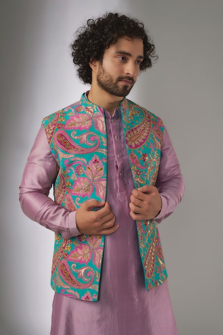 SALIL BHATIA_Multi Color Chinon, Silk, Chanderi Silk, Rang Mahal Embellished Nehru Jacket Set _Online_at_Aza_Fashions