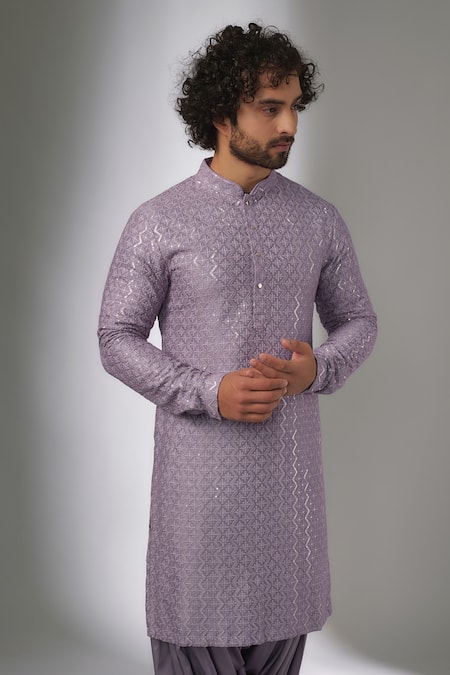 Shop_SALIL BHATIA_Purple Silk, Modal, Satin Sequins, Embroidery Surat Mahal Embellished Kurta Set _Online_at_Aza_Fashions