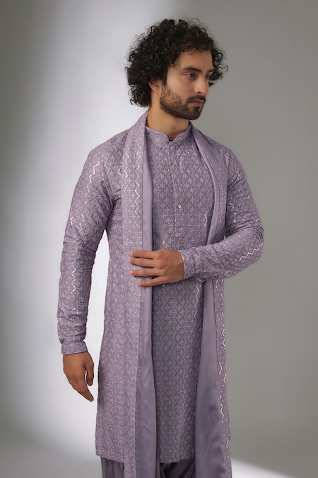 SALIL BHATIA_Purple Silk, Modal, Satin Sequins, Embroidery Surat Mahal Embellished Kurta Set _at_Aza_Fashions