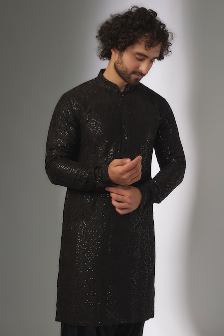 Buy_SALIL BHATIA_Black Silk, Modal, Satin Sequins, Embroidery Roop Mahal Embellished Kurta Set _Online_at_Aza_Fashions