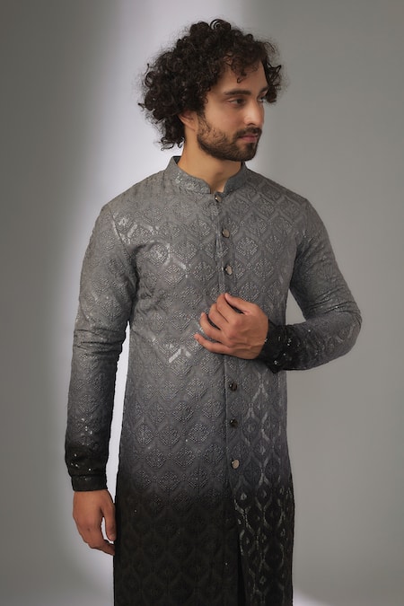 SALIL BHATIA_Gray Silk, Modal, Satin Sequins, Chakor Boota Embellished Ombre Kurta Set _Online_at_Aza_Fashions