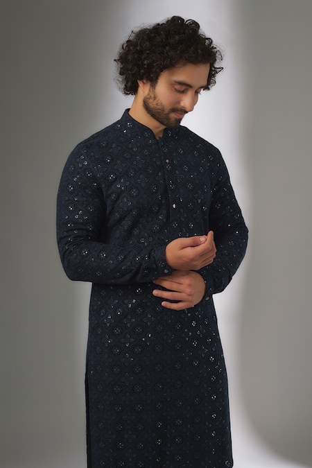 SALIL BHATIA_Navy Georgette, Modal, Satin Embroidery, Sequins, Noor Mahal Work Kurta Set _Online_at_Aza_Fashions