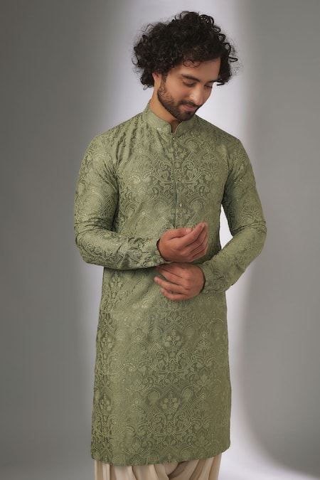 SALIL BHATIA_Green Chanderi Silk, Modal, Satin Embroidery, Raj Mahal Embellished Kurta Set _Online_at_Aza_Fashions