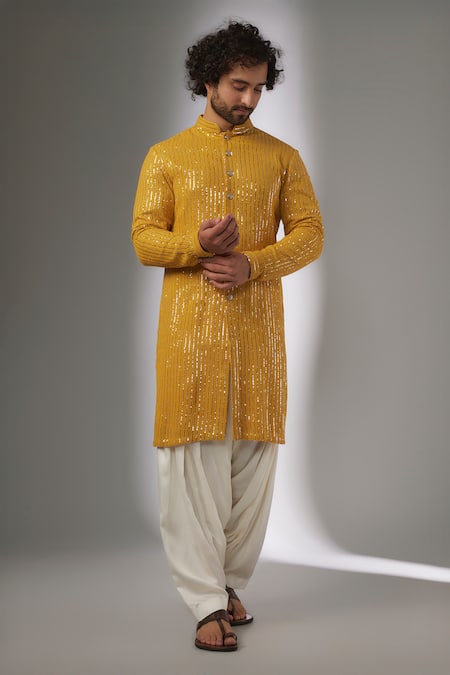 SALIL BHATIA Yellow Georgette, Modal, Satin Sequins, Tara Mahal Thread Embellished Kurta Set