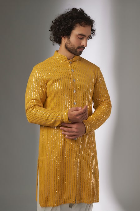 SALIL BHATIA_Yellow Georgette, Modal, Satin Sequins, Tara Mahal Thread Embellished Kurta Set _Online_at_Aza_Fashions