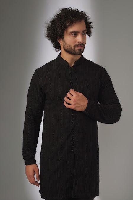 Buy_SALIL BHATIA_Black Georgette, Silk, Chanderi Embroidery Bel Boota Thread Kurta Set _Online_at_Aza_Fashions