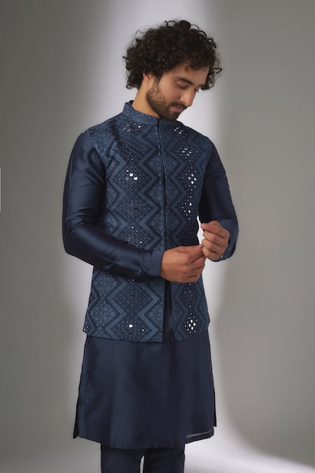 SALIL BHATIA_Blue Silk, Chanderi Mirrors, Embroidery Van Mahal Nehru Jacket Set _Online_at_Aza_Fashions