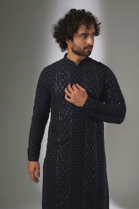 SALIL BHATIA_Navy Georgette, Modal, Satin Sequins, Embroidery Sur Mahal Embellished Kurta Set _Online_at_Aza_Fashions