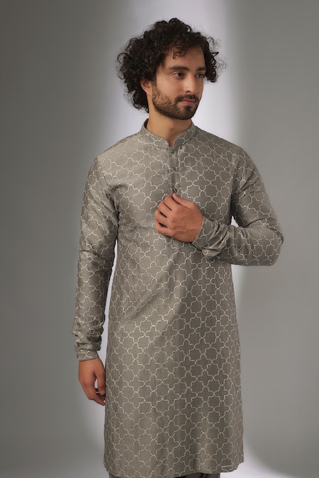 Buy_SALIL BHATIA_Taupe Chanderi Silk, Modal, Satin Zari, Embroidery Work Kurta Set _Online_at_Aza_Fashions