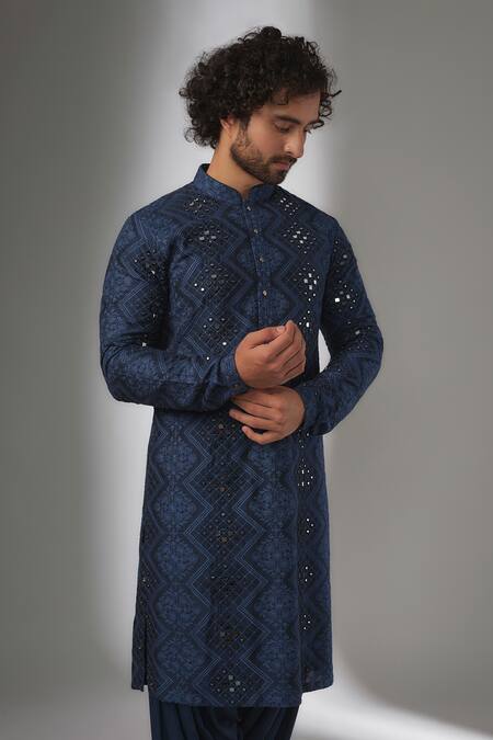 Buy_SALIL BHATIA_Blue Silk, Satin, Modal Mirrors, Embroidery, Metallic Van Mahal Work Kurta Set _Online_at_Aza_Fashions