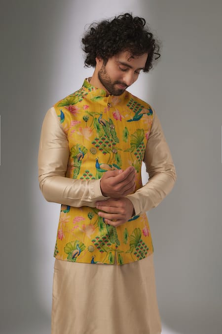 Buy_SALIL BHATIA_Yellow , Chanderi Rang Mahal Floral Print Nehru Jacket Set _Online_at_Aza_Fashions