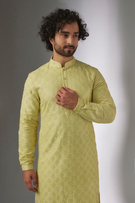 Buy_SALIL BHATIA_Yellow Silk, Modal, Satin Embroidery, Sequins Rooh Mahal Embellished Kurta Set _Online_at_Aza_Fashions