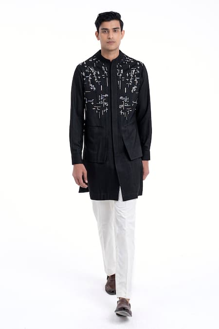 Dhruv Vaish_Black Cotton, Silk Embroidery Hybrid Kurta Set _Online_at_Aza_Fashions