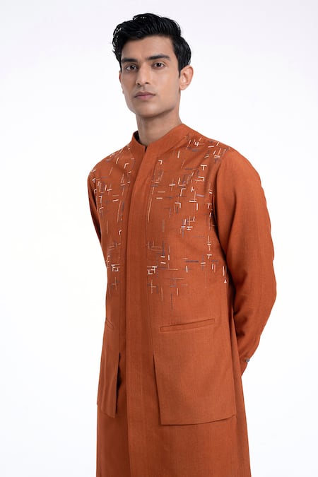 Buy_Dhruv Vaish_Orange Cotton, Silk Embroidery Hybrid Kurta Set _Online_at_Aza_Fashions