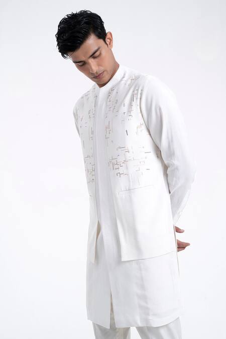 Dhruv Vaish Ivory Cotton, Silk Hybrid Embroidered Kurta Set Online at Aza Fashions Dhruv Vaish_Ivory Cotton, Silk Hybrid Embroidered Kurta Set _Online_at_Aza_Fashions
