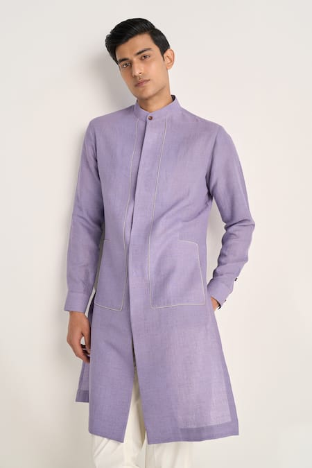Dhruv Vaish_Lavender Handloom , Linen, Structured Kurta Set _Online_at_Aza_Fashions