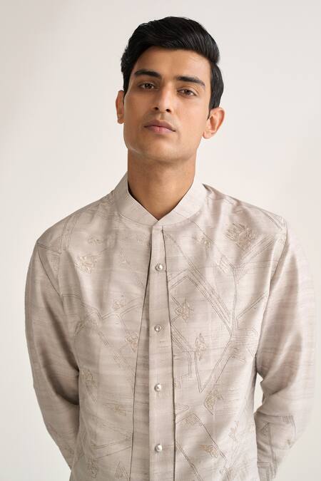 Dhruv Vaish_Gray Silk Embroidery Contemporary Kurta Set _Online_at_Aza_Fashions