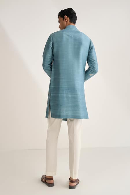 Shop_Dhruv Vaish_Blue Silk Embroidery, Metallic Thread Contemporary Kurta Set _at_Aza_Fashions