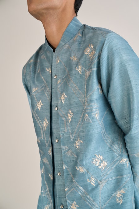 Buy_Dhruv Vaish_Blue Silk Embroidery, Metallic Thread Contemporary Kurta Set _Online_at_Aza_Fashions