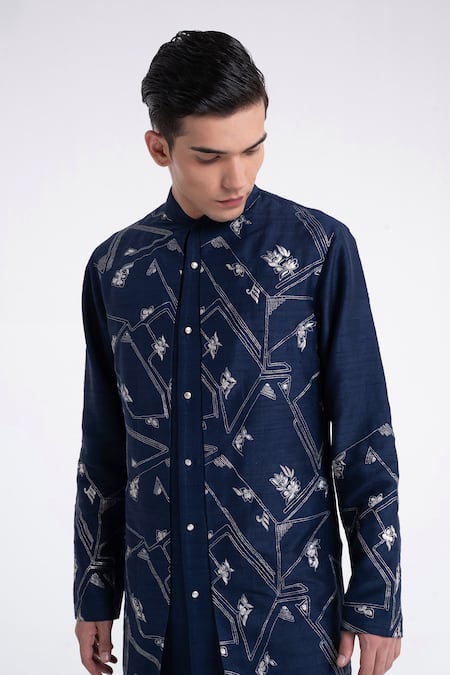 Dhruv Vaish_Navy Silk Embroidery Contemporary Kurta Set _Online_at_Aza_Fashions